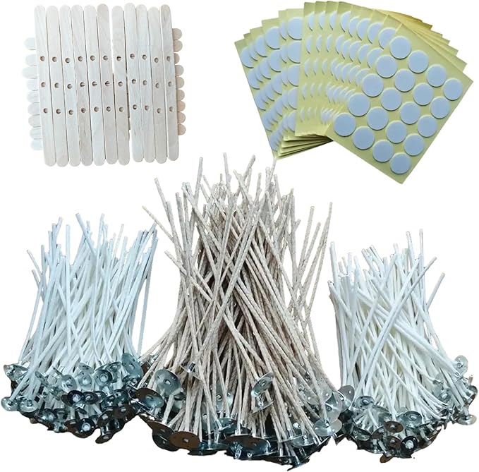 200Pcs 6 Inch Candle Wick 100Pcs 8 Inch Cotton Candle Wicks, 300Pc Wick Stickers, 20 Pcs Candle Wick Holders, Wick Clips,Candle Wicks for Candle Making, Candle DIY