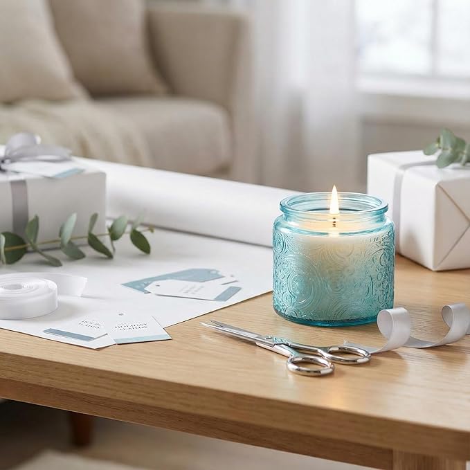 9-Pack 10 oz Sun Moon Star Embossed Glass Candle Jars with Mirror Lids and Labels - Unique Blue Containers with Lids for Candle Making
