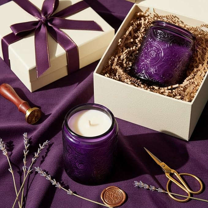 9-Pack 8oz Embossed Glass Candle Container with Bamboo Lids and Labels, Purple Candle Jars for Making Candles, Sun Moon Star Design