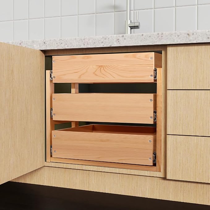 Mulush Pull Out Drawers For Cabinets, 17''W×21''D×19''H Soft Close Slide Out Wood Shelves Storage Organizer for Kitchen, 3-Tier, Finished, Heavy-Duty, Bottom Assembly