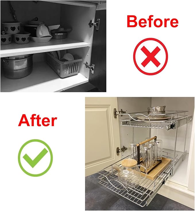 Sikarou Pull Out Cabinet Organizer 2-Tier Individual Slide Out Drawer Pantry Shelf Storage for Kitchen Base Cabinet Organization for Kitchen, Bathroom, Pantry, Chrome (2-Tie 7 * 21 in)