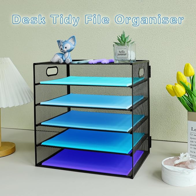 5 Tier Desk Organiser with Handle, Pull-Out Mesh File Organizer for Letter Tray Organizer Mesh Desk Organiser Tray Paper Storage Rack for A4 File Office Supplie, Black