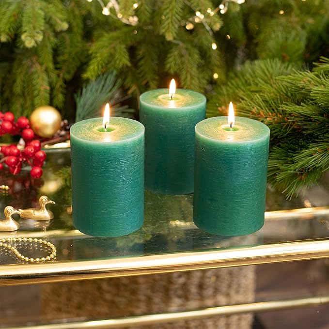 CANDWAX 3x4 Inch Green Pillar Candles Set of 3 - Unscented Dripless Rustic Green Candles for Special Occasions, Weddings, Home Décor, Christmas Decorations