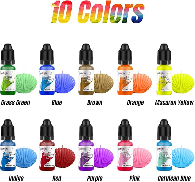 FansArriche Candle dye - 10 Colors Liquid Oil-Based dye for Candle Wax, Vivid Candle Color for DIY Candle Making, Highly Concentrate Natural Candle Color