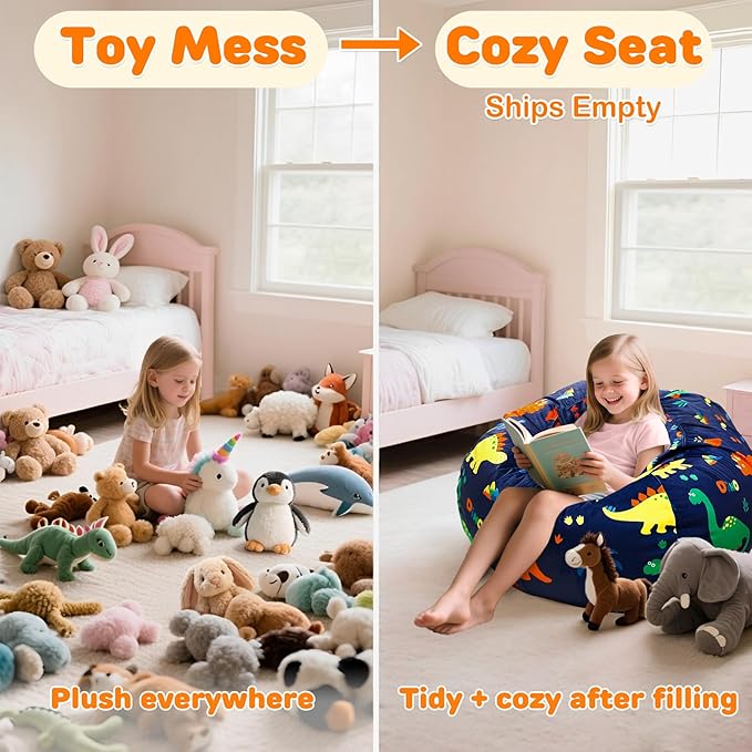 Lukeight Dinosaur Stuffed Animals Storage Bean Bag Chair Cover Only (Ships Empty, No Filling) - Velvet YKK Zipper Beanbag Cover for Big Kids Teens, Washable Plush Toy Organizer, XX-Large 36" D x 20" H