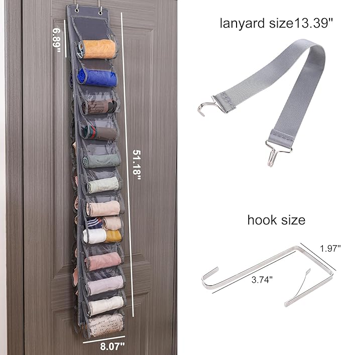 Legging Organizer for Closet Hanging 20 Pockets, Clear Hanging Legging Organizer Closet, Oxford Cloth Legging Storage for Wardrobe Behind Door(2Pack*Light Gray)