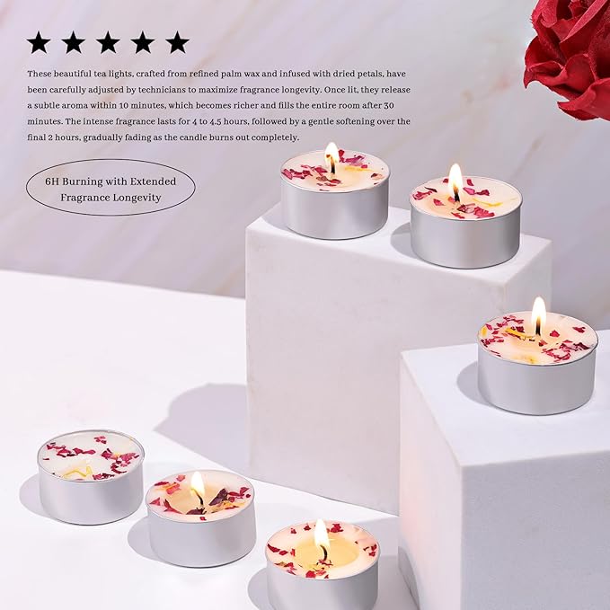 16 Pcs Rose Scented Tealight Candles, 6H Long Burning - 100% Palm Wax Based Scented Tea Lights with Dried Flowers, Non-Toxic/Smokeless Scented Tea Lights Candles for Spa, Bath, Wedding, Valentine