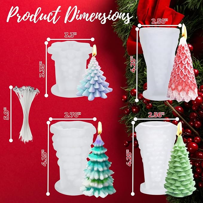4pcs Christmas Silicone Mold Set for Candle Making, Atarvana 3D Christmas Candle Making Molds with 10pcs Candle Wick-Christmas Trees, Santa Claus, Pine and Ginger Man