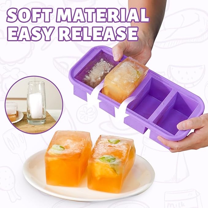 SHIKORI Silicone Freezer Tray With Lid, Silicone Freezer Food Molds, Large Ice Cube Tray, Silicone Freezer Container,Freeze & Store Soup, Sauce, Broth,Leftovers (Purple-2 Cups)