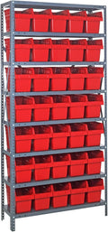 Quantum 1275-SB802RD Heavy Duty Shelving Unit with (8) Shelves and (35) QSB802 Red Bins for Garage Warehouse Storage Distribution | 400 lb Load Capacity | 12"D x 36"L x 75"H, Galvanized Carbon Steel