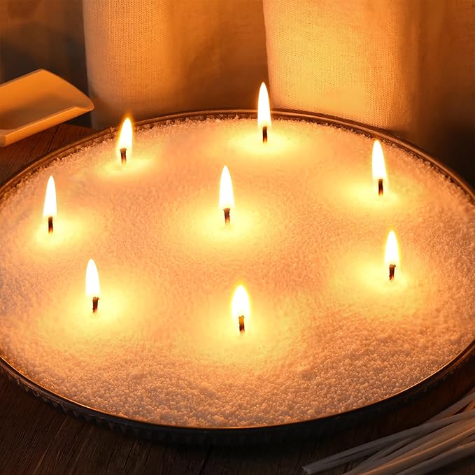 LAMORGIFT 2LB Candle Sand- White Candle Beads, Sand Wax, Pearled Candles with Wicks (10 Pcs) & Wooden Spoons, Candles Unscented for Powder Candle Making, Refill Kit