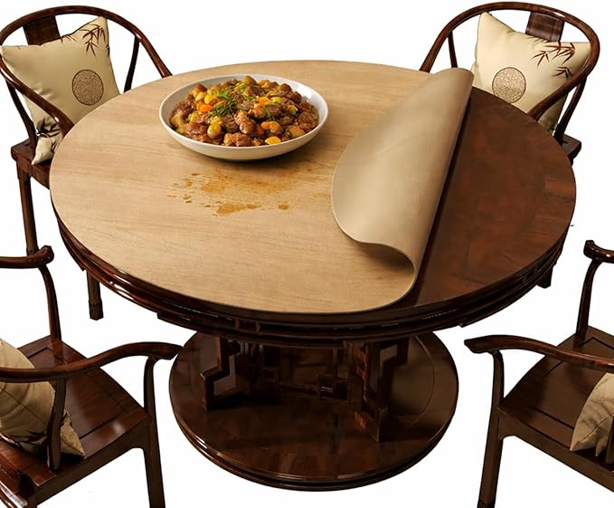 Wood Grain Round Table Protector 48/52/42/54/36 inch, Waterproof PU Leather Table Mat, Heat Resistant Circular Dining Table Pad for Kitchen, Coffee Table, Office Desk,(Apricot,53in)
