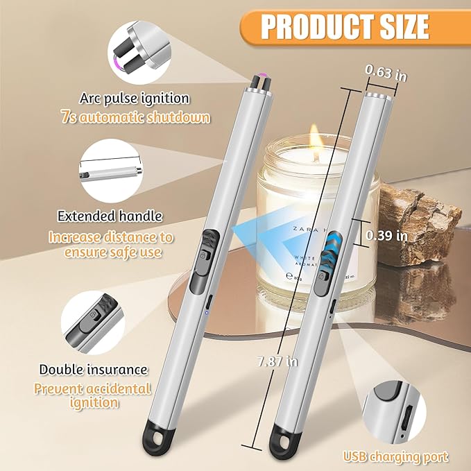 2 Pack Electric Candle Lighters, USB Rechargeable Lighter with Windproof Flameless & Extended Handle, Suitable for Candles, BBQ, Camping, Gas Stove, Festivals Gift (Sliver, 2 Packs-B)