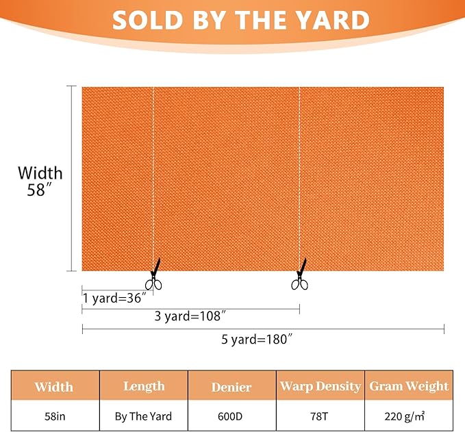 Waterproof Canvas Fabric by The Yard 58inch 600D Upholstery Material Polyester Fabric Outdoor Water Resistant Fabric for Sewing Chair Patio Cushion Purse Bag Interior, 12 Yard Orange