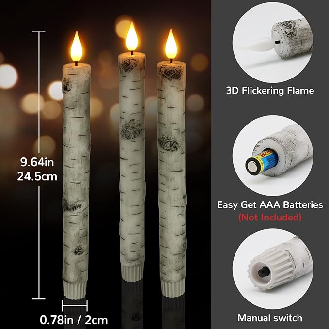 PChero Flameless Taper Candles with Remote Timer, Pack of 3 Birch Bark Real Wax Battery Operated Candlesticks, 9.6 Inches LED Flickering Window Candles for Home Wedding Christmas Decor
