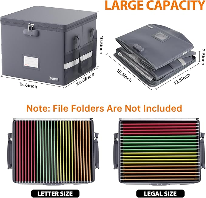 ENGPOW 5200°F File Box Fireproof Document Box with Lock,Heat Insulated Collapsible File Storage Organizer Box with Handle,Portable Home Office File Cabinet for Hanging Letter/Legal Size Folder, Gray