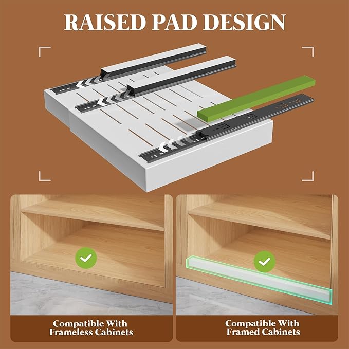 4 Pack Expandable Pull Out Cabinet Organizer 21"Deep With Raising Pad for Framed Cabinets,Upgrade 3 Slide Rails Slide Out Drawers,No Drill Roll Out Shelves,Adjustable Width 15.1"-26.3" White