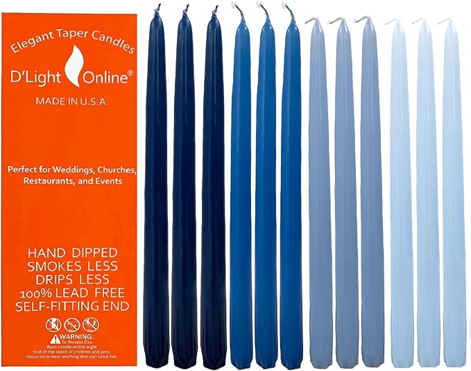 D'light Online Elegant 10" Blue Gradient Taper Candles Premium Quality- Unscented, Hand-Dipped Tapered Candles, Dripless and Smokeless - Set of 12 (10 Inch, Blue Gradient)