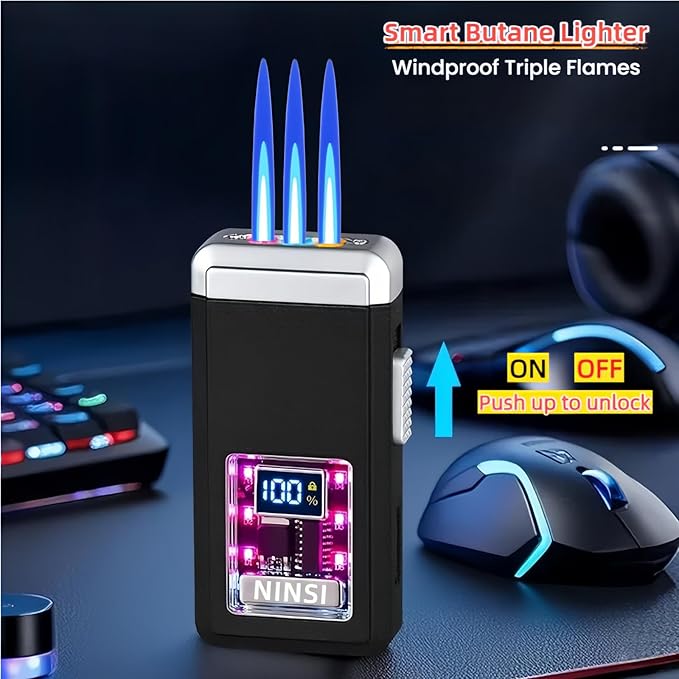 Smart Butane Torch Lighter - 4 Ignition Modes, Refillable and Rechargeable Lighters, Windproof Triple Flames with LED Battery Level and Ignition Count Display (Without Fuel) (Silver)