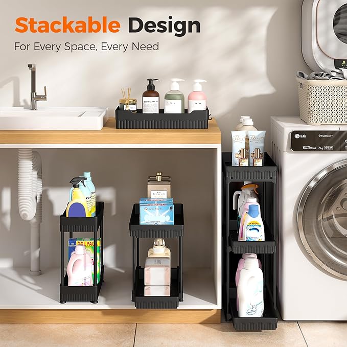 3 Pack Under Sink Organizer, 2 Tier Slide Out Bathroom Cabinet Organizer, Multi-Purpose Storage Shelf for Kitchen, Black, 12.8Inch