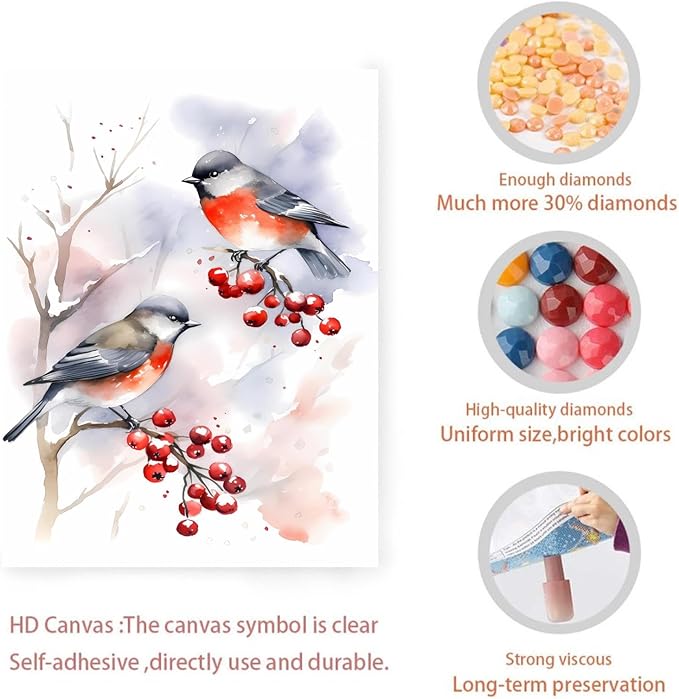 GUAIEUW Red Fruit Red Bird Diamond Painting Kit for Adults, Full Round Diamond Cardinal Bird 5D Diamond Painting DIY Art Crafts for Winter Home Wall Decor Holiday Gift 16x24 Inch