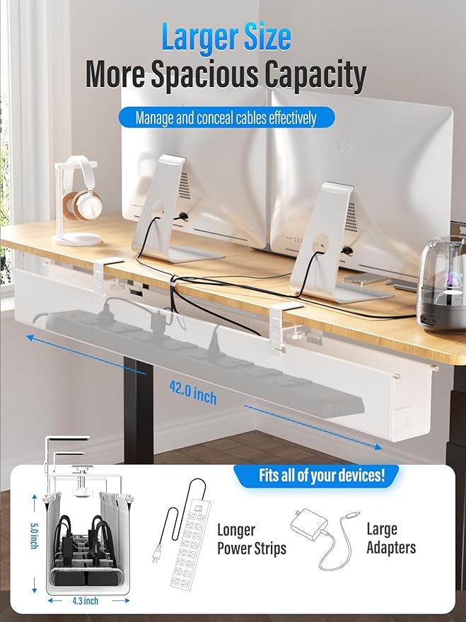 [Upgraded] Large Under Desk Cable Management Tray, Cinati Cable Management Under Desk No Drill, 42" Fabric Cord Hider for Wire Organizer, Cord Organizer for Office, Home - Supports Up to 30lbs White