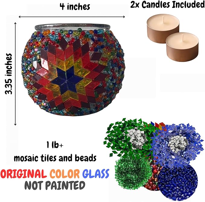 BYTURKISHLAMPS DIY Turkish Mosaic Candle Holder Kit & 1 Glass + 1LB+ Mosaic Tiles and Beads Bulk, Make Your Own Creative Glass and Garden Craft, Making Table Tealight for Adults, Teens, Family, Couple