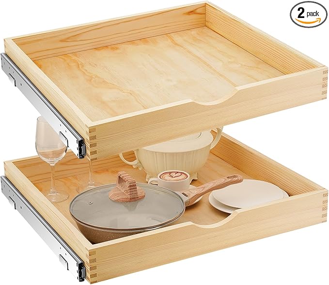 Menkxi 2 Set Wooden Pull out Cabinet Organizer Fully Assembled Slide out Pantry Drawer with Gentle Close Storage Shelf Tray for Base Kitchen Under Sink Bathroom Accessory(Wood Color,24'' X 21'' X 3'')
