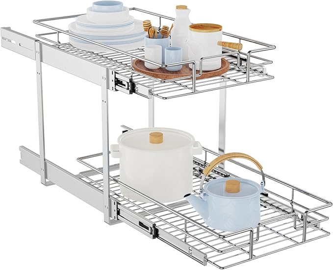 LOVMOR Individual Pull Out Cabinet Organizer, 2 Tier Slide Out Cabinet Drawers, Pots and Pans Organizer and Storage Pantry Shelf for Kitchen (12½" W x 21½" D)