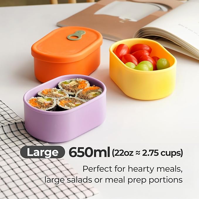 Premium Korean-Made Silicone Airtight Food Container with Steam Vent – BPA Free, Leakproof, Microwave & Freezer Safe Meal Prep. & Leftovers Storage (4p Multi-Color Set, 22 floz (650ml))
