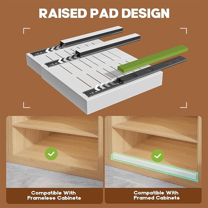 2 Pack Expandable (15.1"-26.3") Pull Out Cabinet Organizer 21" Deep With Raising Pad for Framed Cabinets,Upgrade 3 Slide Rails Slide Out Drawers,No Drill Roll Out Shelves Adhesive,White