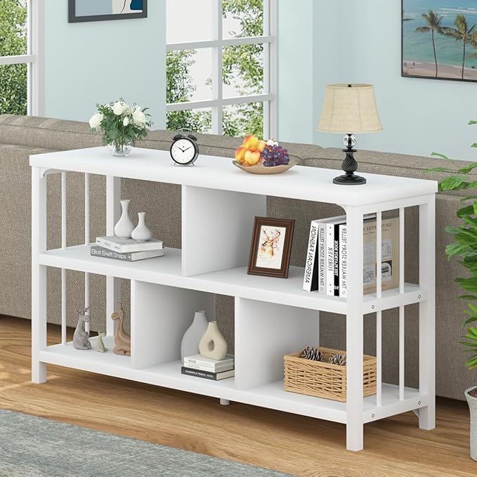 IBF White Wood Bookshelf, Industrial Horizontal Cubby Book Shelf, Low Open Shelf Bookcase for Office Living Room, Modern Short Wide 5 Cube Storage Organizer for Books Display Bedroom, White Oak, 47 In
