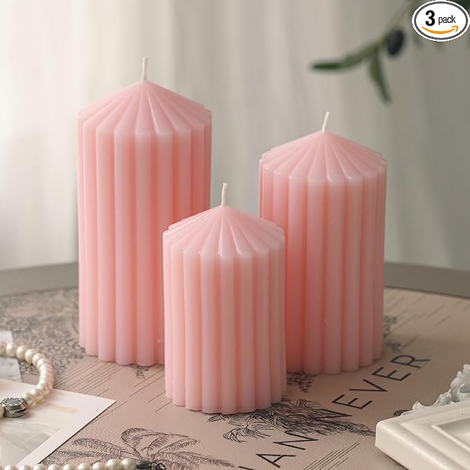 3 Pack Pink Ribbed Pillar Candles - Soy Wax Unscented Candles, 2.76x4.2/4.9/5.9 Inch Smokeless Non Toxic Cotton Wick, Perfect Spring Pillar Candles for Home Decor, Bathroom, Spa & Wedding