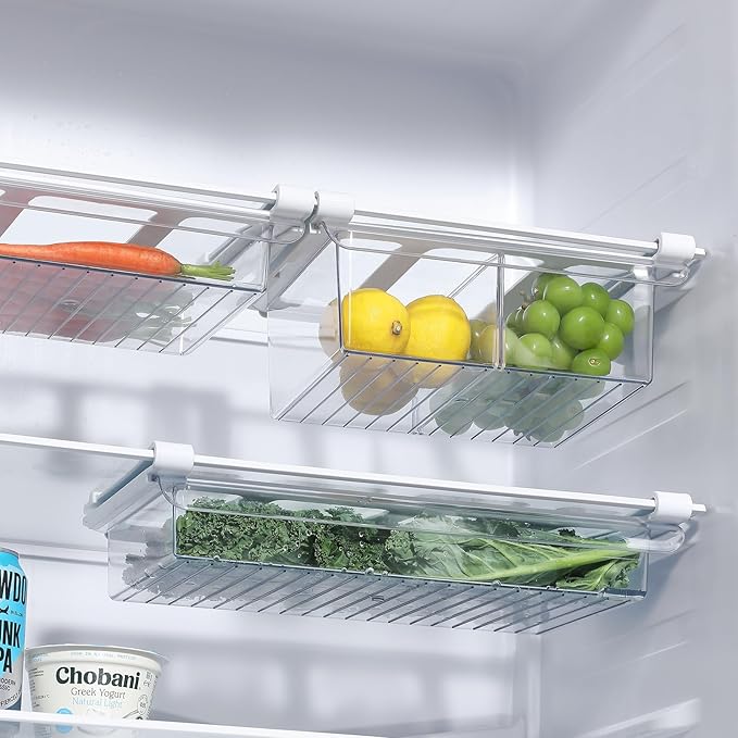 Pull-Out Fridge Drawer Organizer - Under Shelf Storage Bins for Cheese Slices, Deli Meat & Small Items - Space Saving Refrigerator Organizer (2" Height x 8.66" Width)
