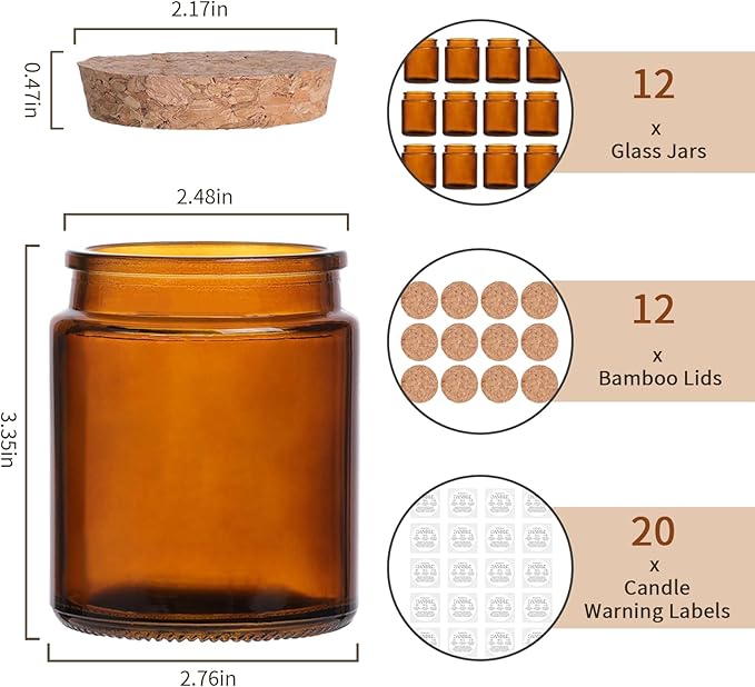 Lanttu 12 Pack Amber Candle Jars for Making Candles, 7.5oz Glass Jars with Wooden Lids and Labels, Candle Making Supplies Candle Containers for Home DIY, Gifts, Table Decor