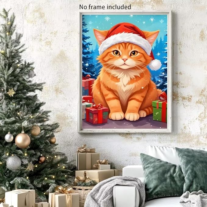 QZOTRXI Christmas Cat Diamond Painting Kits, Cat Winter Diamond Art Kits for Adults, Animal 5D Diamond Art Painting, DIY Round Diamond Dot for Home Wall Decor Gifts 20x24 Inch
