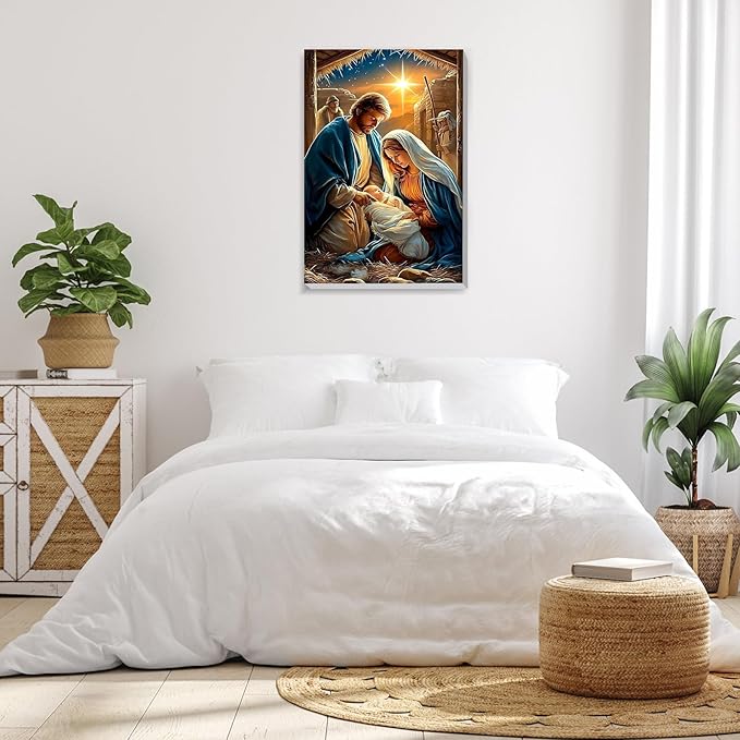 Bowetile Nativity Scene Paint by Numbers for Adults Beginners Framed, Adults' Paint-by-Number Christmas Kits on Canvas, Acrylic Number Painting Christmas Gifts for Home Wall Decor, 8x12in
