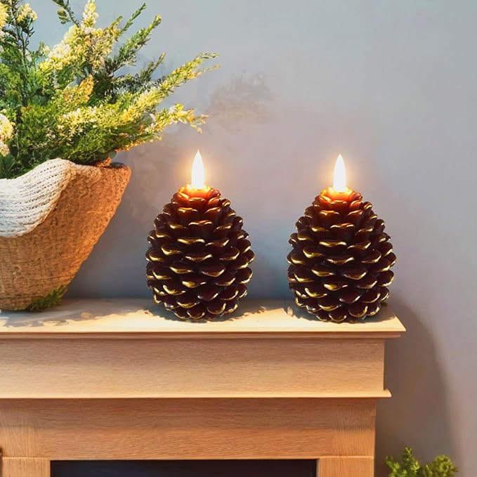 2pcs Flameless Pinecone Candles with Remote, Battery Operated Pine Cone Candles Real Wax Winter Decor, Flickering LED Christmas Decoration, D3.5 x H5 Inch, Brown & Gold Trim