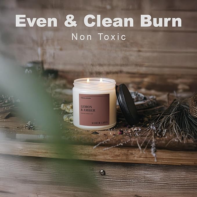 Hidden Label Lemon & Amber Scented Candle | 12oz Natural Soy Candle | Warm Citrus & Golden Amber | 70-Hour Clean Burn | Modern Boho Home Décor | Cozy Hygge Gift for Women, Housewarming