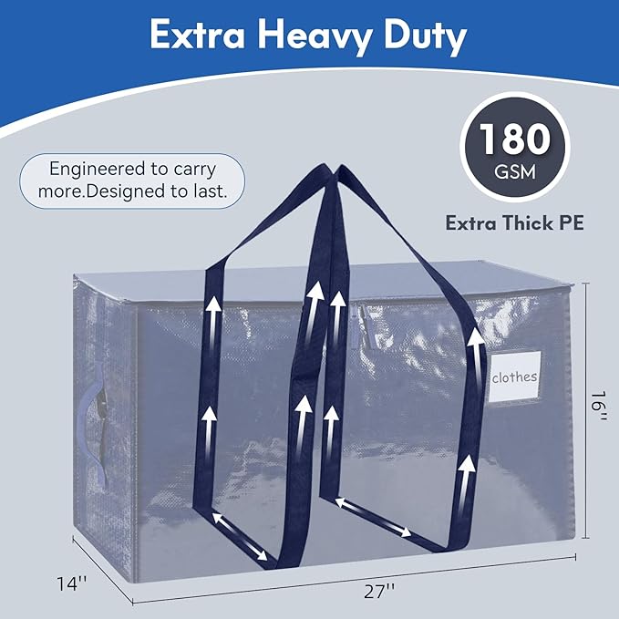 2-Pack Extra-Large Heavy-Duty Storage Totes with Reinforced Handles, Durable Zippers & Waterproof Material — Perfect for Space-Saving, Moving, Shipping and Travel (Blue)