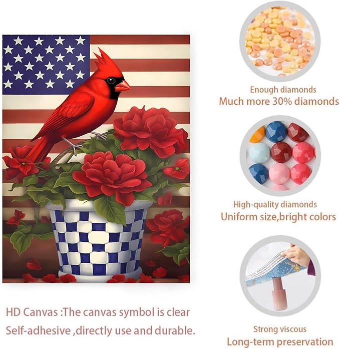 GUAIEUW Flowerpot Red Bird Flag Diamond Painting Kit for Adults, Full Round Diamond Cardinal Bird 5D Diamond Painting DIY Art Crafts for Winter Home Wall Decor Holiday Gift 8x12 Inch