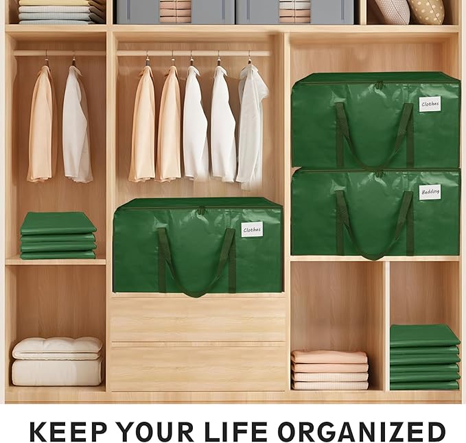 8 Pack-Extra Large Heavy Duty Moving Bags - Waterproof Storage Totes with Handles & Zippers, Foldable for College Dorm, Storage (olive green)