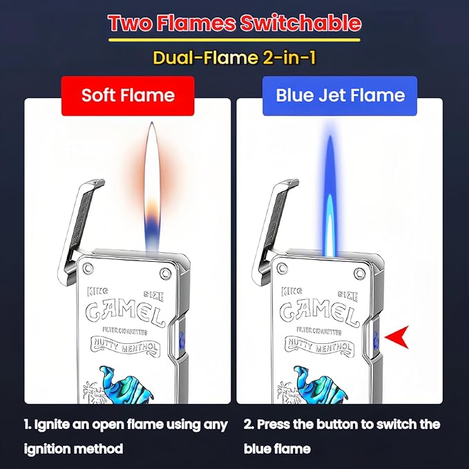 Smart Butane Lighter with 5 Ignition Methods, Voice-Activated Dual Flame Lighter with Windproof Blue Torch and Soft Flame Options, Rechargeable and Refillable Lighters (Without Fuel) (Silver)