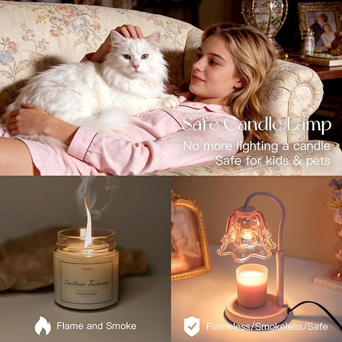 Candeldo Candle Warmer Lamp with Timer: Pink Flower Candle Warming Lamp with 2 Bulbs Height Adjustable Wax Warmer Dimmable Coquette Preppy Room Home Decor Mothers Day Gift for Women