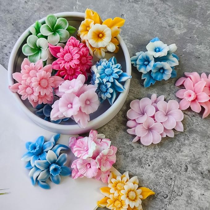 4pcs Flower Silicone Molds Scented Candles Soap Making Kit Candle Molds for Candle Making Supplies Sunflower Daffodils Petunia Plumeria Flower Silicone Mold for DIY Plaster Resin Floral Crafts