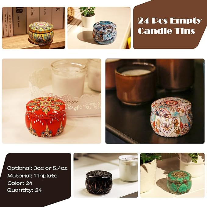 MeiGlow Empty Candle Tins for Making Candles, 24 Pack 5.4 oz with Lids, Cotton Wicks, Wick Stickers and Holders
