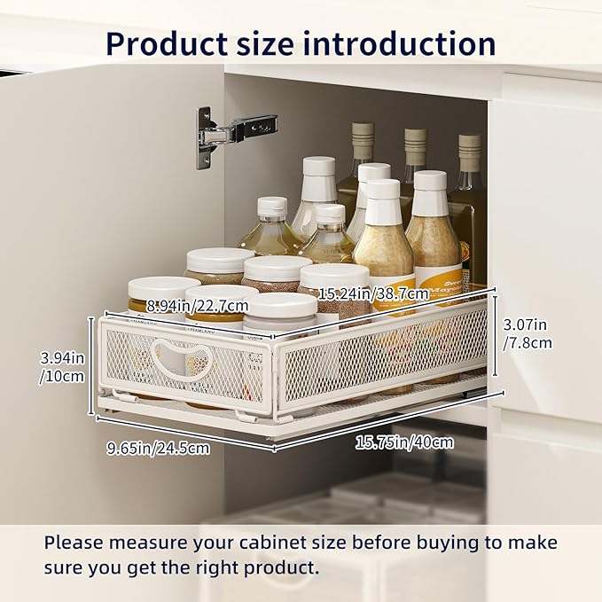 Pull Out Cabinet Organizer, No Drill Adhesive Sliding Drawers for Kitchen, Metal Mesh Wire Storage Shelf for Pantry & Under Sink, White (9.6" W x 15.7" D x 3.9" H)