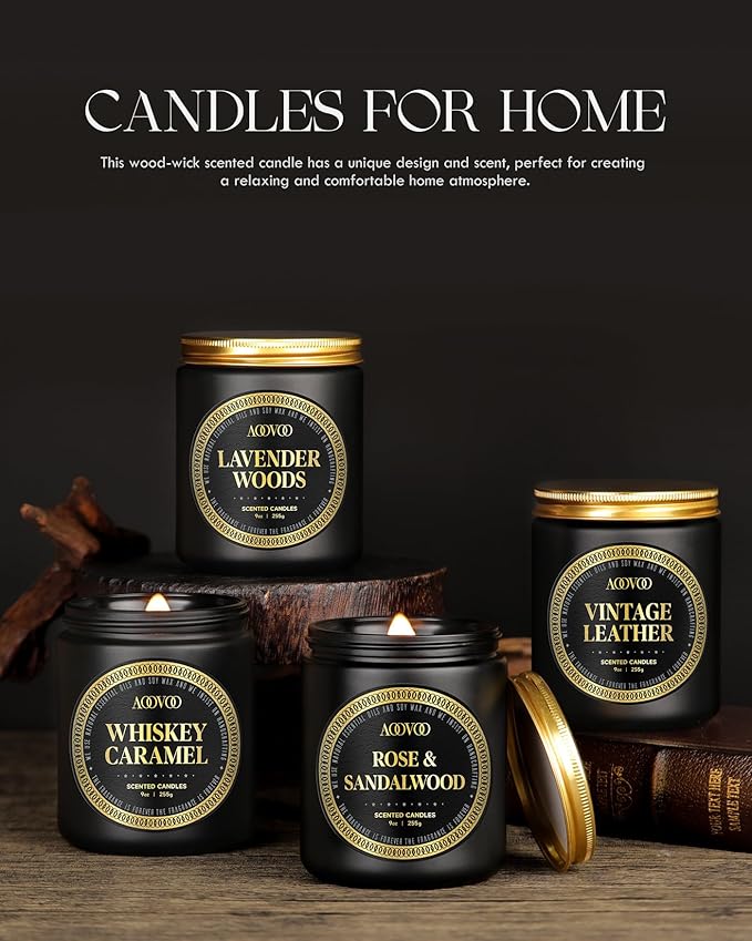 AOOVOO Scented Candles for Men - 4 Pack Candles for Home Scented, 36oz Soy Wax, 200 Hour Burn Time, Men Candle Set, Rose Sandalwood/Whiskey Caramel/Lavender/Leather Candle Set T