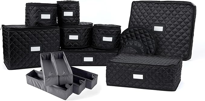 Covermates Keepsakes Dish Storage Set – Padded China & Dinnerware Storage Cases with Dividers, Cup & Stemware Storage, Quilted Polyester Protection, ID Window, Black