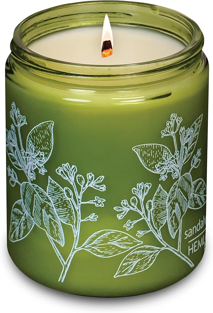 Hemlock Park Green Glass Wood Wick Candle Handcrafted with Natural Coconut Wax (Standard 8 oz, Sandalwood)